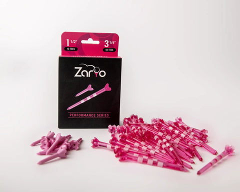 Pink Womens Golf Tees 50 Count With 40 Tall Three And A Quarter Inch Tees And 10 Short One And A Half Inch Tees Near Unbreakable Plastic Four Prong With Stripes Great For Drivers Fairways Irons And Par 3 Play displayed with packaging