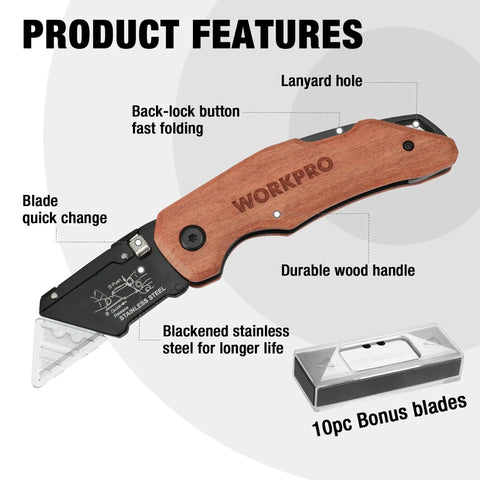 Kickass Folding Utility Knife With Solid Wood Handle And Tight Back Lock Heavy Duty Box Cutter Featuring Quick Change Blade Swap And Extra SK5 Replacement Knives For Any Weekend Grind