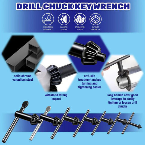 Dude, Check This Out! Premium Universal 8 Piece Drill Chuck Key Wrench Set showing solid chrome vanadium steel details and anti-slip design.