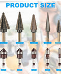 Ten Bit Set With Five Step Drill Bits And Five Countersink Bits For Metal Titanium Coated In A Heavy Duty Aluminum Case Replacing Fifty Sizes Of Step Bits For DIY Projects Rocaris with size indicators for each bit.