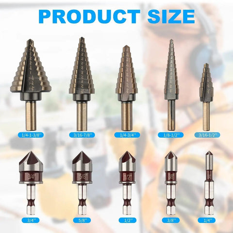 Ten Bit Set With Five Step Drill Bits And Five Countersink Bits For Metal Titanium Coated In A Heavy Duty Aluminum Case Replacing Fifty Sizes Of Step Bits For DIY Projects Rocaris with size indicators for each bit.
