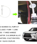 No Fuss Fluid Transfer Pump For Lower Unit Gear And Transmission With Swivel Adapters And Flexible Hose With Premium Aluminum Fittings That Fits Standard Quart Bottles Smooth Operator Build, showing pump with hose attached to oil container.