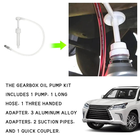 No Fuss Fluid Transfer Pump For Lower Unit Gear And Transmission With Swivel Adapters And Flexible Hose With Premium Aluminum Fittings That Fits Standard Quart Bottles Smooth Operator Build, showing pump with hose attached to oil container.