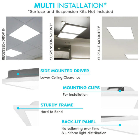 Multi installation options for 2x2 Ft LED Flat Panel Lights Slick 4400 Lumens 40W 3 Color Temperature Switchable fixture.