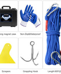 1000 Lbs Neodymium Magnet Fishing Kit with Case, gloves, rope, grappling hook, and scraper