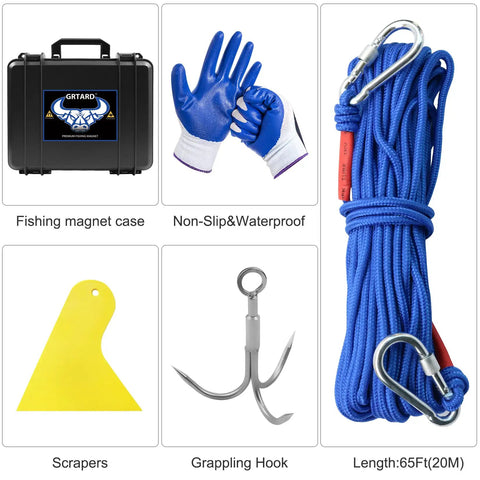1000 Lbs Neodymium Magnet Fishing Kit with Case, gloves, rope, grappling hook, and scraper