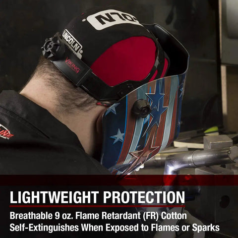 Man wearing Flame Resistant Welding Beanie FR For Welders Black And Red XL Knit Hat With Flame Retardant Fabric K2994 during hot work
