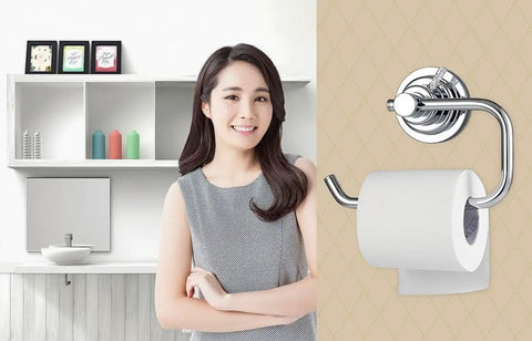 Tool Free No Drill Toilet Paper Holder with Strong Silicone Vacuum Mount Removable Bracket Chrome Finish on wall in kitchen