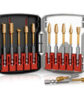 Carbide burr set, CATITO, 10-piece with 1/4 in shanks in red/black case for metal, wood, stone.