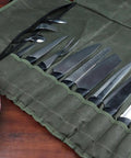Pro Grade Heavy Duty Waxed Canvas Knife Roll Case For Chefs with knives and utensils in pockets, water resistant