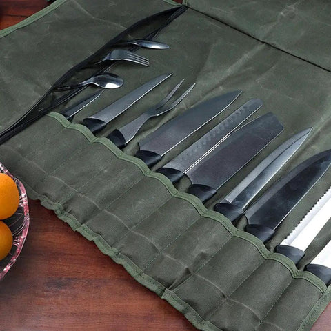 Pro Grade Heavy Duty Waxed Canvas Knife Roll Case For Chefs with knives and utensils in pockets, water resistant
