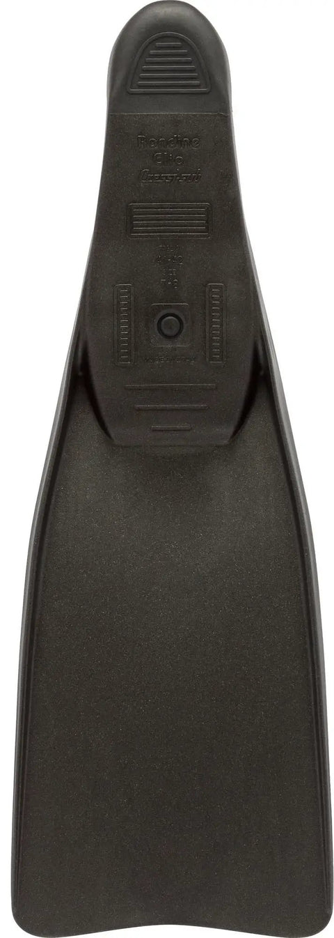 Black Clio Snorkeling Fin for Adults size 43/44, EVA construction, rear view of blade and foot pocket, swim fins for snorkel and pool use.