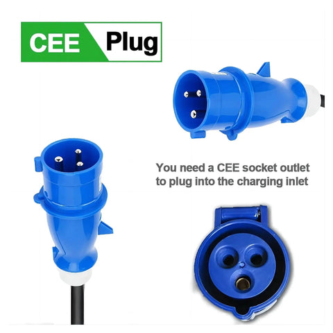 CEE plug for Plug And Go Portable EV Charger 7KW 32 Amp Fast Juice Up, blue, for connecting to charging inlets.