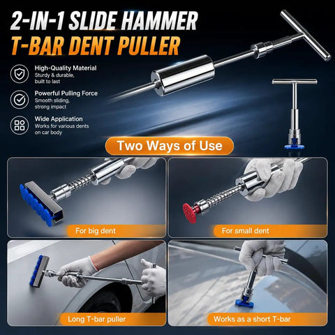 2-in-1 slide hammer T-bar dent puller for effective paintless dent repair, adjustable for small and large dents.