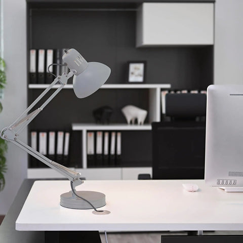 Black Accent Desk Lamp With Clamp Arm And Interchangeable Base, Architect Style Task Light on white desk in home office