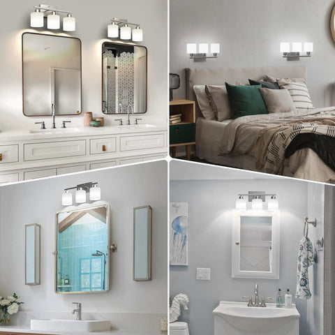 Three Bulb Over Mirror Bathroom Vanity Light In Brushed Nickel Finish Rustproof Wall Sconce above elegant bathroom mirrors.