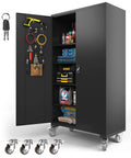 72 Inch Wide Heavy Duty Metal Storage Cabinet On Wheels Lockable Black Garage Cabinet 4 Adjustable Shelves with tools