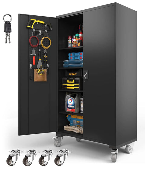 72 Inch Wide Heavy Duty Metal Storage Cabinet On Wheels Lockable Black Garage Cabinet 4 Adjustable Shelves with tools
