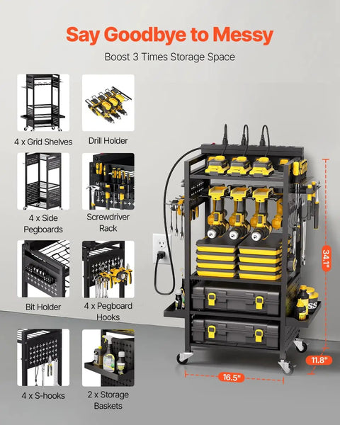 5 Tier Tool Cart With Charging Station And Eight Outlet Bank On Wheels Mobile Drill Holder And Battery Storage Rack