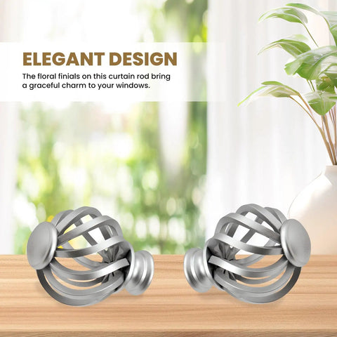 Decorative Curtain Rod With Birdcage Finial Design, Adjustable 28 To 48 Inch Length, Black Or Silver Finish, finial details