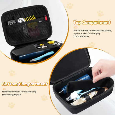 Hard Pet Grooming Tool Case Travel Organizer For Dog And Cat Kits Fits Wahl Clippers Shaver Nail Trimmer Scissors Cords And Accessories With Mesh Pockets And Dividers For Easy On The Go Grooming, open with tools inside, showing compartments and mesh pockets.