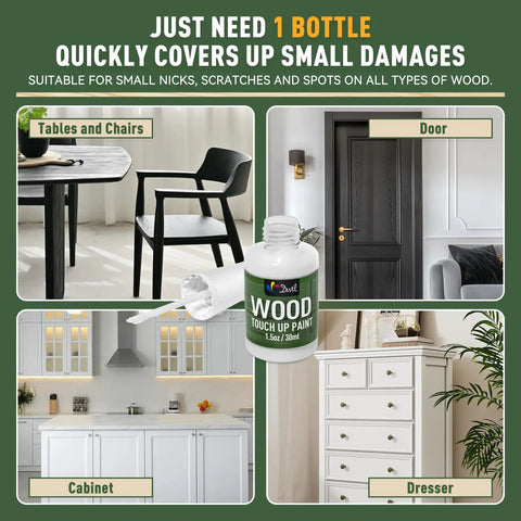 White Touch Up Paint Pen For Wood Furniture Makeover Featuring Quick Dry Formula And Precision Brush on cabinet, door, table, and dresser.
