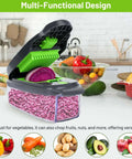 Front view of AISHUJIE 13-in-1 veggie chopper with container in grey and green, lid open to reveal green blades.