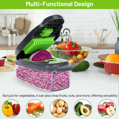 Front view of AISHUJIE 13-in-1 veggie chopper with container in grey and green, lid open to reveal green blades.