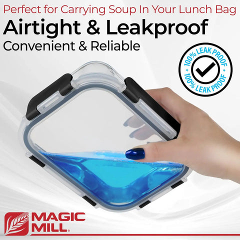 Hand holding square borosilicate glass food storage container with blue liquid, demonstrating airtight and leakproof lid.