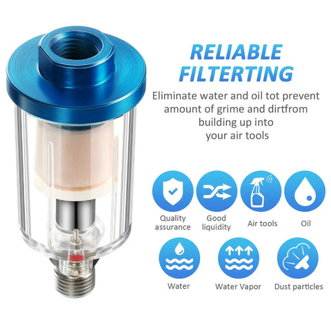 Close-up of a compressed air filter with blue top, featuring Triple Pack Compressed Air Filter And Water Oil Separator With 1/4 Inch NPT Inlet And Outlet For Airbrush Air Line And Compressor Fittings Moisture Separator For Pros And Hobbyists Up To 90 PSI next to filtration benefits icons and text.