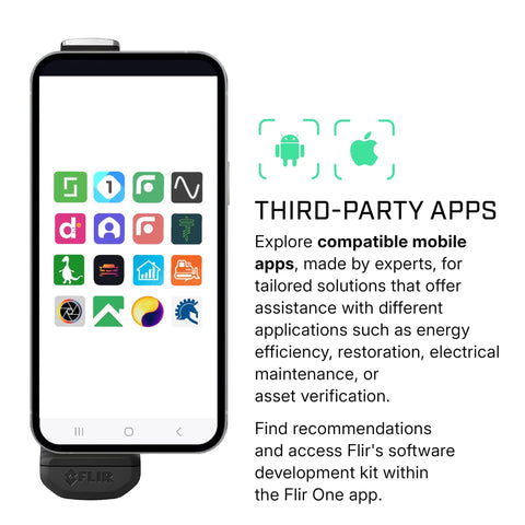 Edge Pro Wireless Bluetooth Thermal Imaging Camera For Smartphones attached to a phone displaying app icons for iOS and Android.