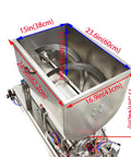Heavy Duty Pneumatic Liquid Filler Workhorse With Heating And Mixing Functions, showing dimensions and dual mixing blades in stainless steel.