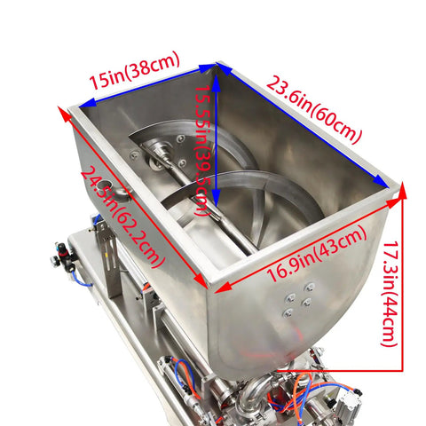Heavy Duty Pneumatic Liquid Filler Workhorse With Heating And Mixing Functions, showing dimensions and dual mixing blades in stainless steel.