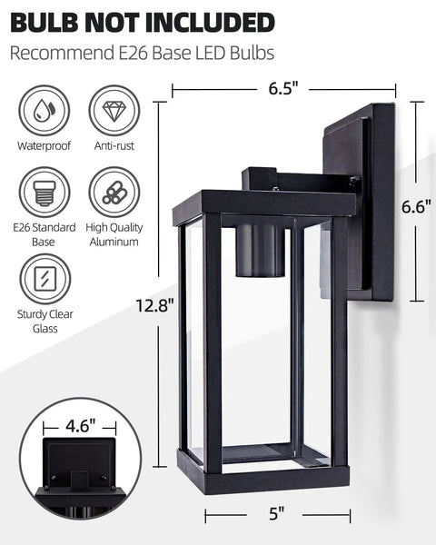 Outdoor Wall Sconce Lantern Built To Last Weatherproof Porch Light With Clear Glass Shade Rustproof Exterior Lighting E26 Socket Wall Mount Lamp For Garage Doorway Two Pack with measurements and features displayed.