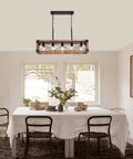 Farmhouse Linear Pendant Light For Kitchen Island And Dining Room, 5 Light Rustic Wood Grain Industrial Chandelier in a dining space