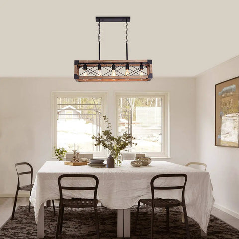 Farmhouse Linear Pendant Light For Kitchen Island And Dining Room, 5 Light Rustic Wood Grain Industrial Chandelier in a dining space