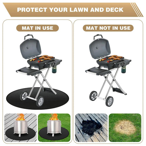 Comparison of grill with and without 43 Inch Fire Pit Mat For Bonfire And Solo Stove, Round Fireproof Waterproof Under Grill Mat.