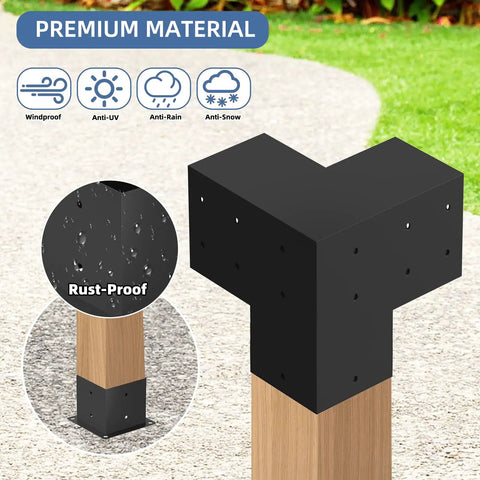 4-Pack 6x6 Inch Wood Pergola Brackets, 3-Way Right Angle Corner Brackets, showing powder coated weatherproof steel material.