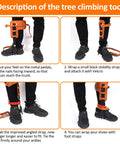 Instructions for using tree climbing spikes with Pro Arborist Gear Kit including 10m nylon rope, safety belt, and leather protective gear.
