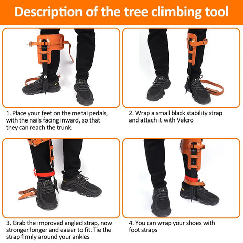 Instructions for using tree climbing spikes with Pro Arborist Gear Kit including 10m nylon rope, safety belt, and leather protective gear.