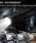 400 Lumen Rechargeable Bike Headlight for Night Riding with IP66 Waterproof Front Light on wet bike handlebar in rain