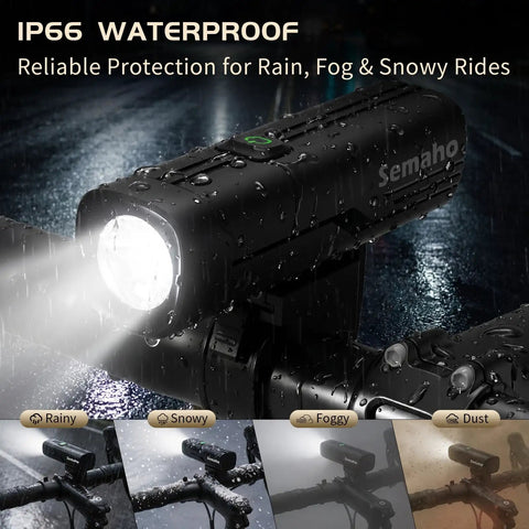 400 Lumen Rechargeable Bike Headlight for Night Riding with IP66 Waterproof Front Light on wet bike handlebar in rain