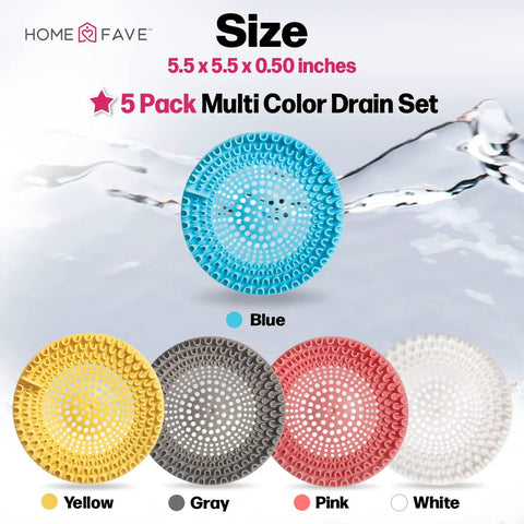 5 pack multi color drain set with blue, gray, pink, white, yellow silicone catchers, size 5.5 inches, 7 Piece Drain Hair Catcher Set