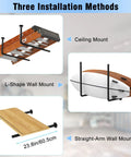 Illustration of surfboard wall mount and ceiling rack for garage storage showing L-shape and straight-arm wall mount methods.