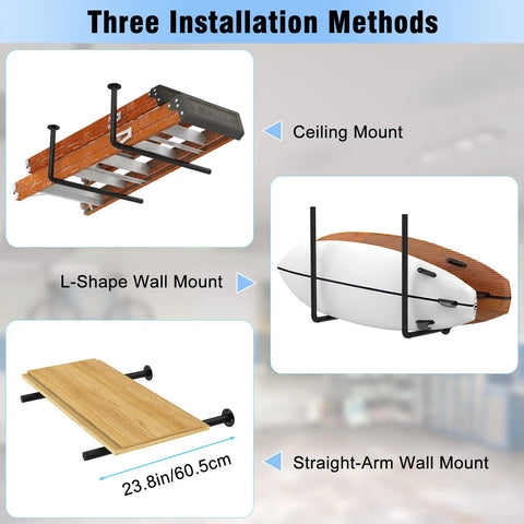 Illustration of surfboard wall mount and ceiling rack for garage storage showing L-shape and straight-arm wall mount methods.
