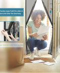 Woman reading letters through Magnetic Screen Door 70x95 Inches Fits French Entry Interior and Patio Doors Snap On Mesh Curtain