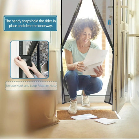 Woman reading letters through Magnetic Screen Door 70x95 Inches Fits French Entry Interior and Patio Doors Snap On Mesh Curtain