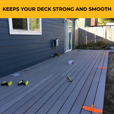 Ace Any Backyard Build With This Slick Deck Spacer And Fastener Alignment Guide on a new deck with consistent quarter inch gaps.