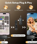 Wireless Mini Lavalier Lapel Microphone For iPhone And Android For Creators, quick setup showing plug and pairing steps.