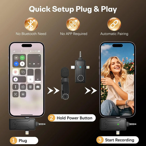 Wireless Mini Lavalier Lapel Microphone For iPhone And Android For Creators, quick setup showing plug and pairing steps.